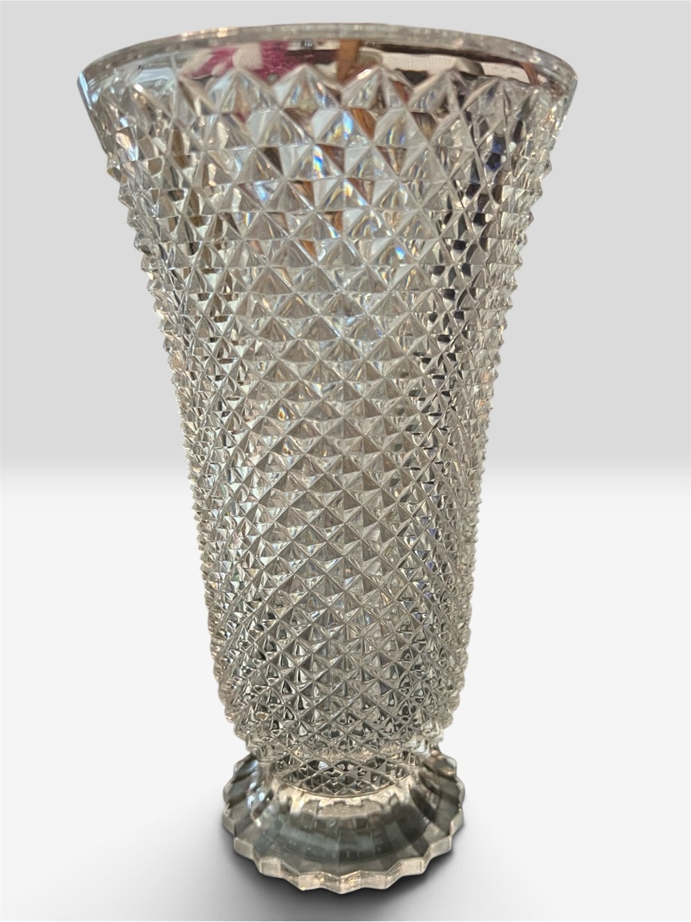 Vintage Indiana Glass Diamond Point Clear Footed Trumpet Vase Mid Century